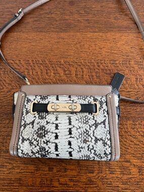 Coach Swagger Taupe and Black Snake-Print Leather Crossbody with Gold Hardware
